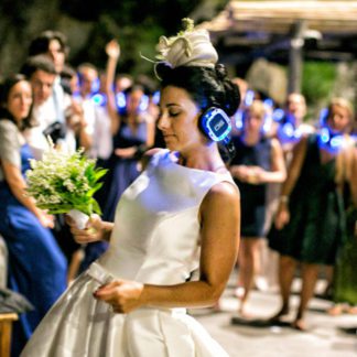 Bride wearing Sound Off headphones dancing at a silent disco wedding