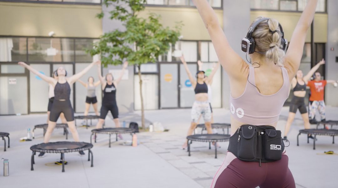 Outdoor fitness class in action with the Sound Off MVP Pro